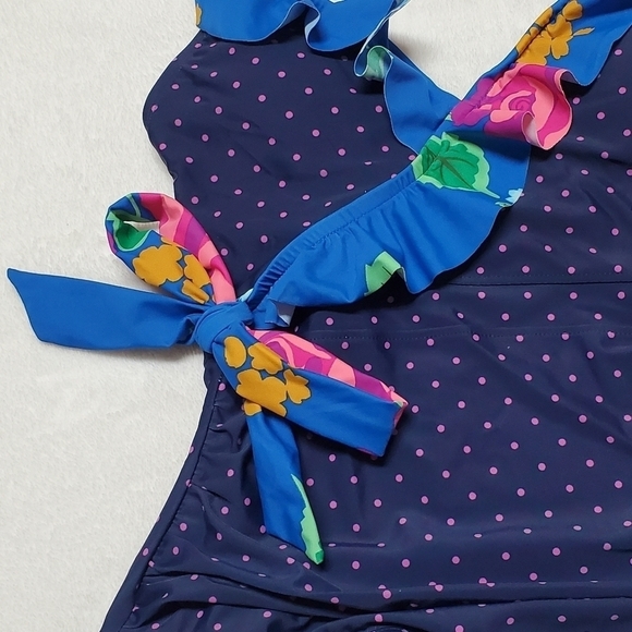 MATILDA Jane Sandcastle Queen Swimsuit Floral Ruffle Halter Pink Polka-dot Small - Picture 5 of 12